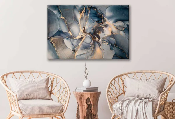 Blue & Gold Abstract Stretch Canvas High Quality Wall Arts - Ready To Hang