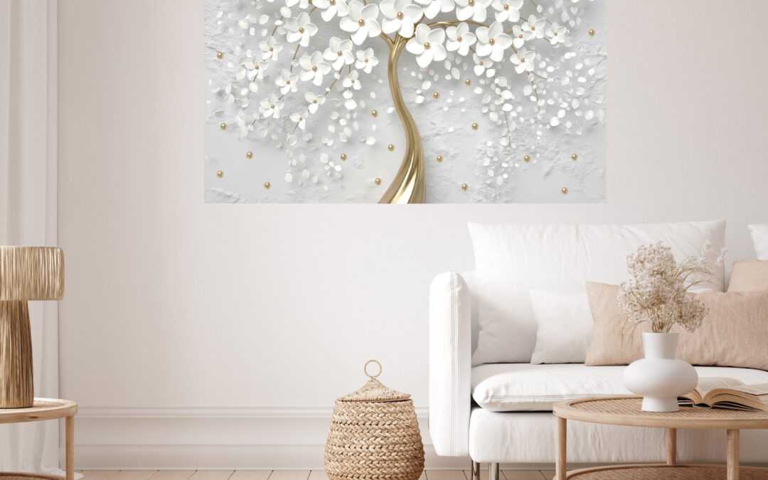 White Flowers Gold Trunk Stretch Canvas High Quality Wall Arts