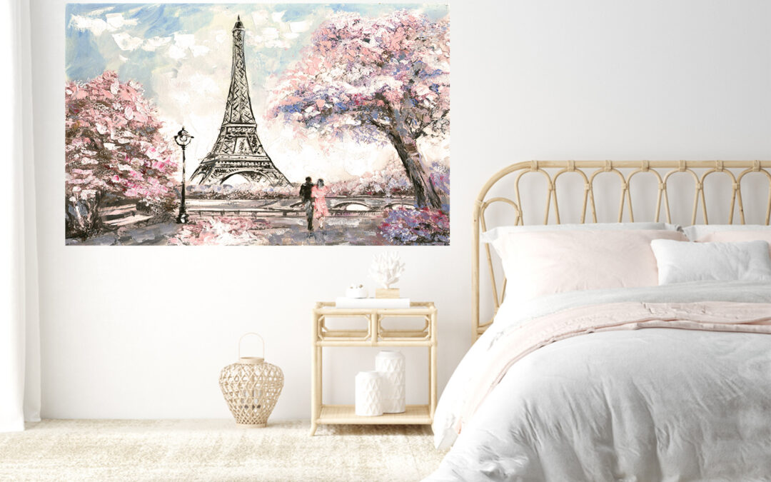 Eiffel Tower Love Couple Painting Stretch Canvas High Quality Wall Arts – Ready To Hang