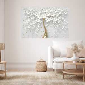White Flowers Gold Trunk Stretch Canvas High Quality Wall Arts