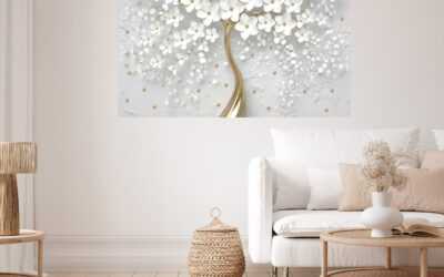 White Flowers Gold Trunk Stretch Canvas High Quality Wall Arts
