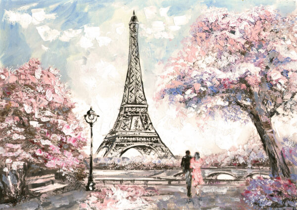 Eiffel Tower Love Couple Painting Stretch Canvas High Quality Wall Arts - Ready To Hang - Image 2