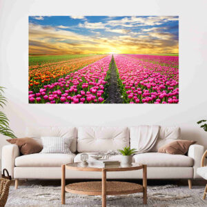 Tulips Field Scenery Sunrise Stretch Canvas High Quality Wall Arts - Ready To Hang