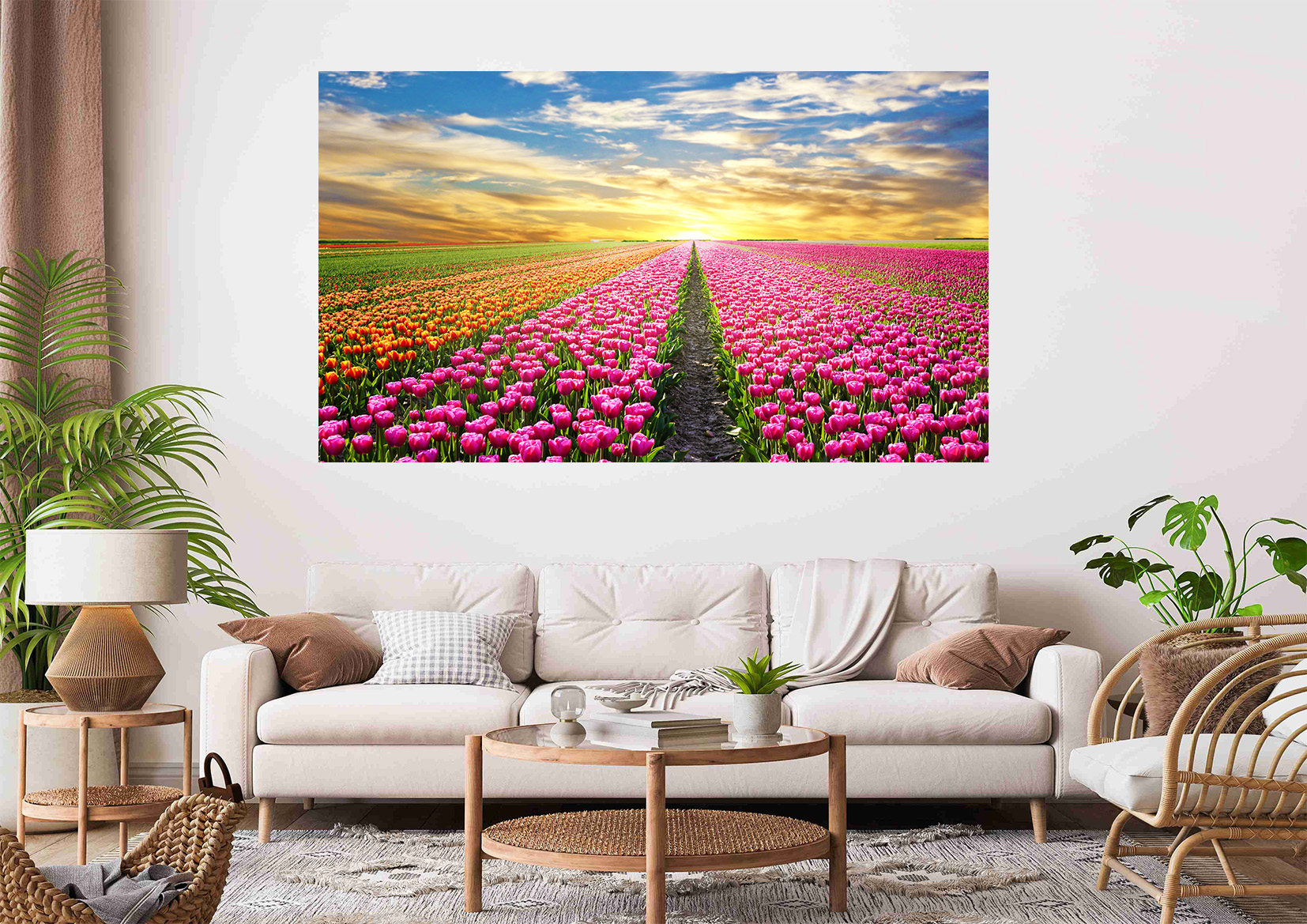 Tulips Field Scenery Sunrise Stretch Canvas High Quality Wall Arts - Ready To Hang