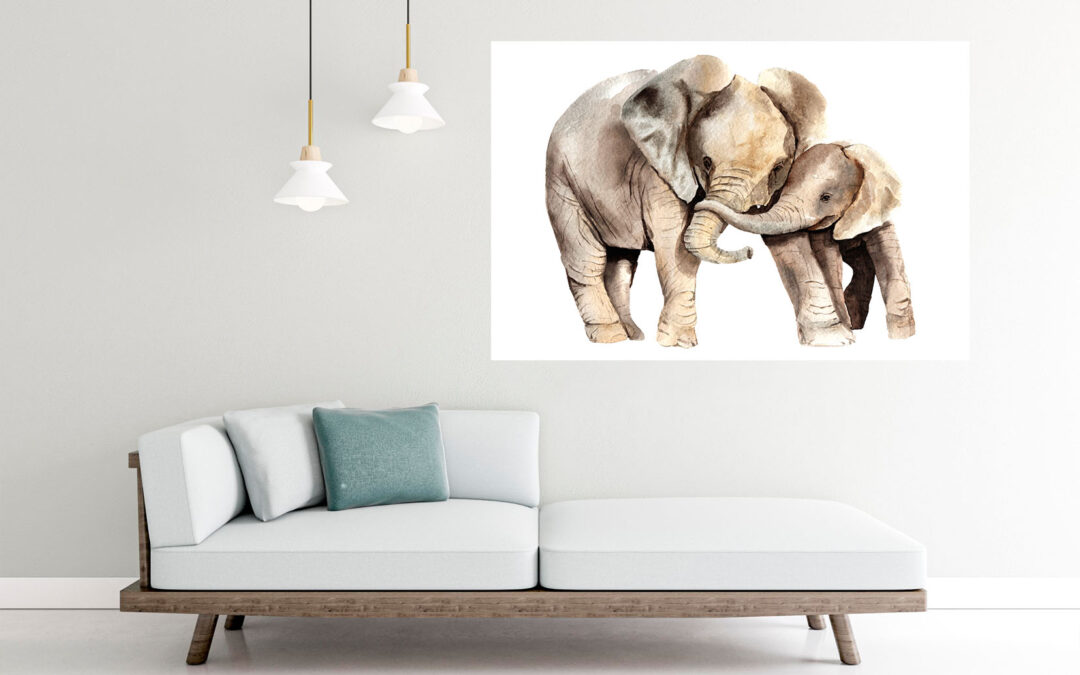 Mother & Baby Elephant Painting Stretch Canvas High Quality Wall Arts – Ready To Hang