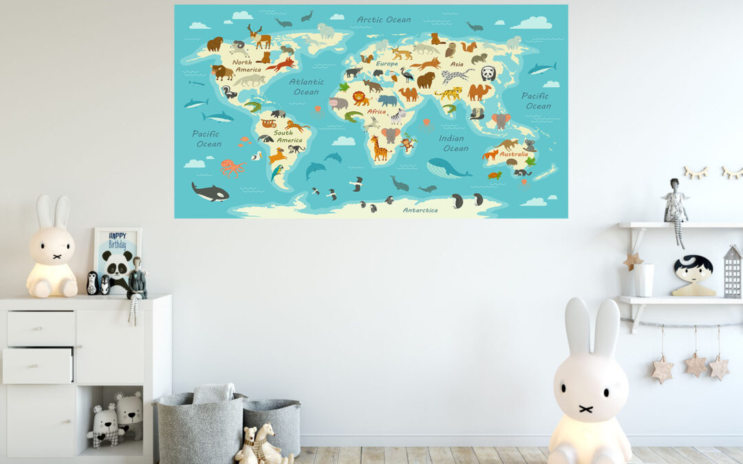 Kids World Map Painting Stretch Canvas High Quality Wall Arts – Ready To Hang