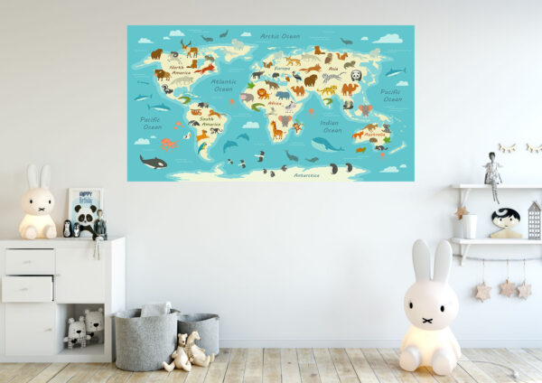 Kids World Map Painting Stretch Canvas High Quality Wall Arts - Ready To Hang