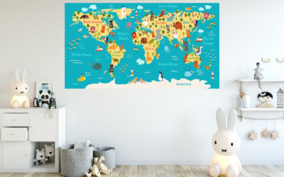 Kids World Map Painting Stretch Canvas High Quality Wall Arts – Ready To Hang