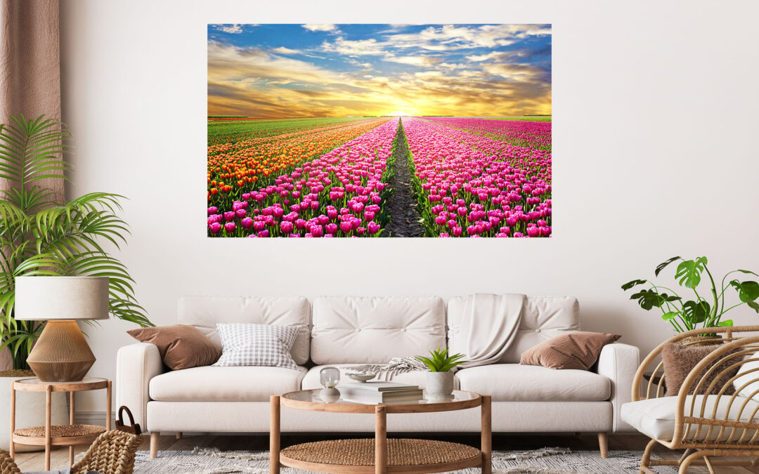 Flower Field Sunset Stretch Canvas High Quality Wall Arts – Ready To Hang