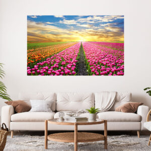 Flower Field Sunset Stretch Canvas High Quality Wall Arts - Ready To Hang