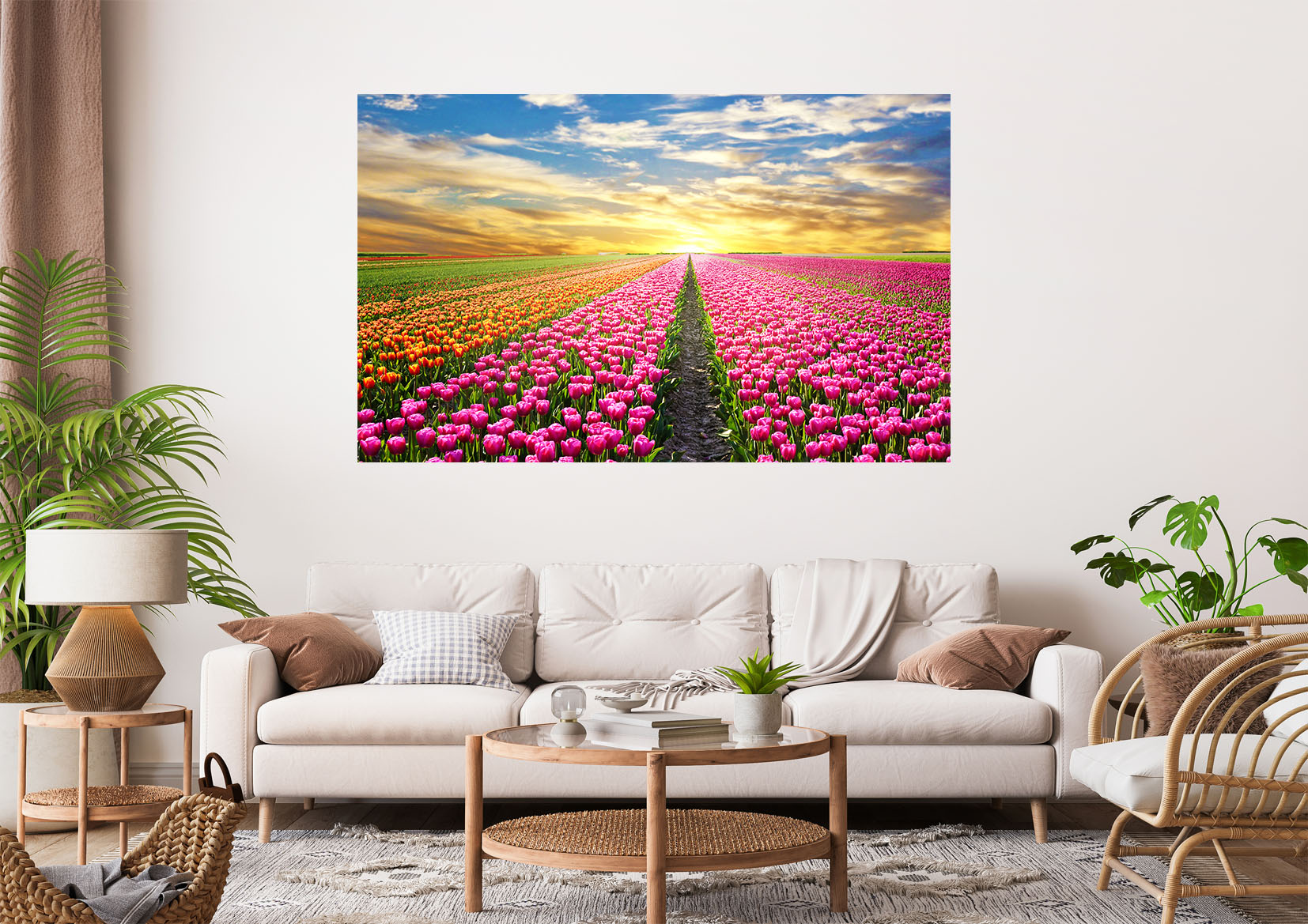 Flower Field Sunset Stretch Canvas High Quality Wall Arts - Ready To Hang