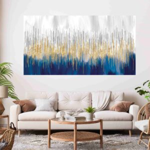 Blue & Gold Abstract Stretch Canvas High Quality Wall Arts - Ready To Hang