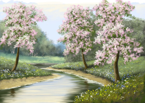 Cherry Blossom Trees Painting Stretch Canvas High Quality Wall Arts - Ready To Hang - Image 2