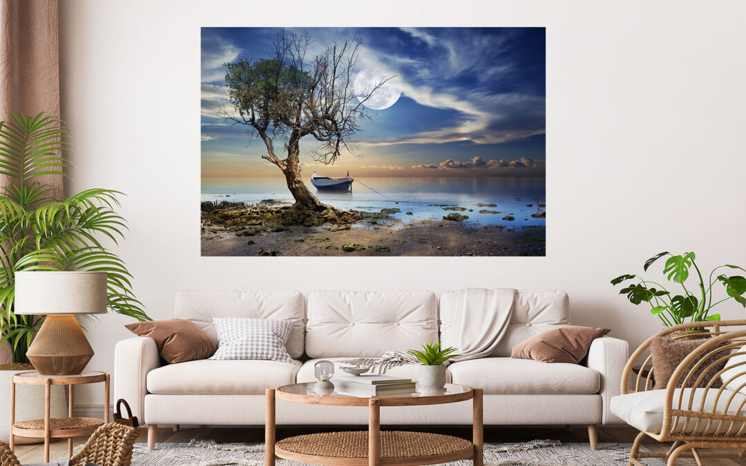 Beautiful Moonlight Tree Boat Painting Stretch Canvas High Quality Wall Arts – Ready To Hang