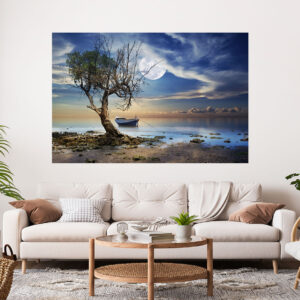 Beautiful Moonlight Tree Boat Painting Stretch Canvas High Quality Wall Arts - Ready To Hang