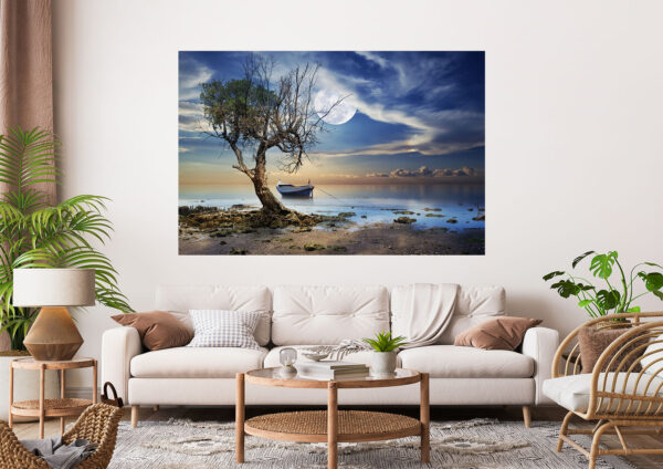 Beautiful Moonlight Tree Boat Painting Stretch Canvas High Quality Wall Arts - Ready To Hang