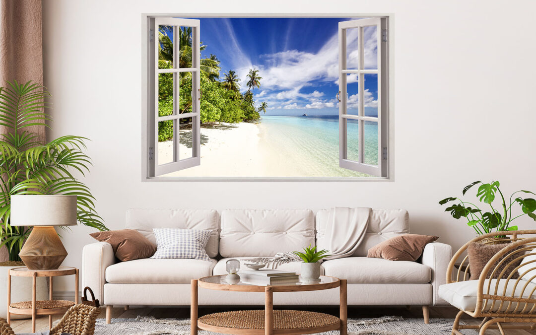 Beautiful Sunrise Beach Window Painting Stretch Canvas High Quality Wall Arts – Ready To Hang