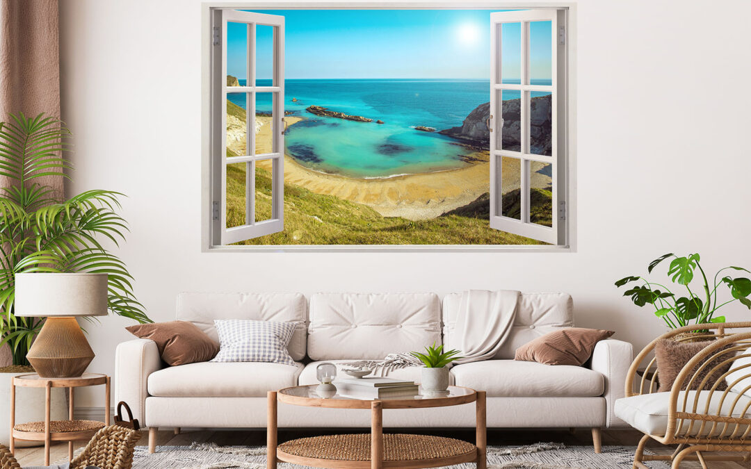 Beautiful Beach Window Painting Stretch Canvas High Quality Wall Arts – Ready To Hang